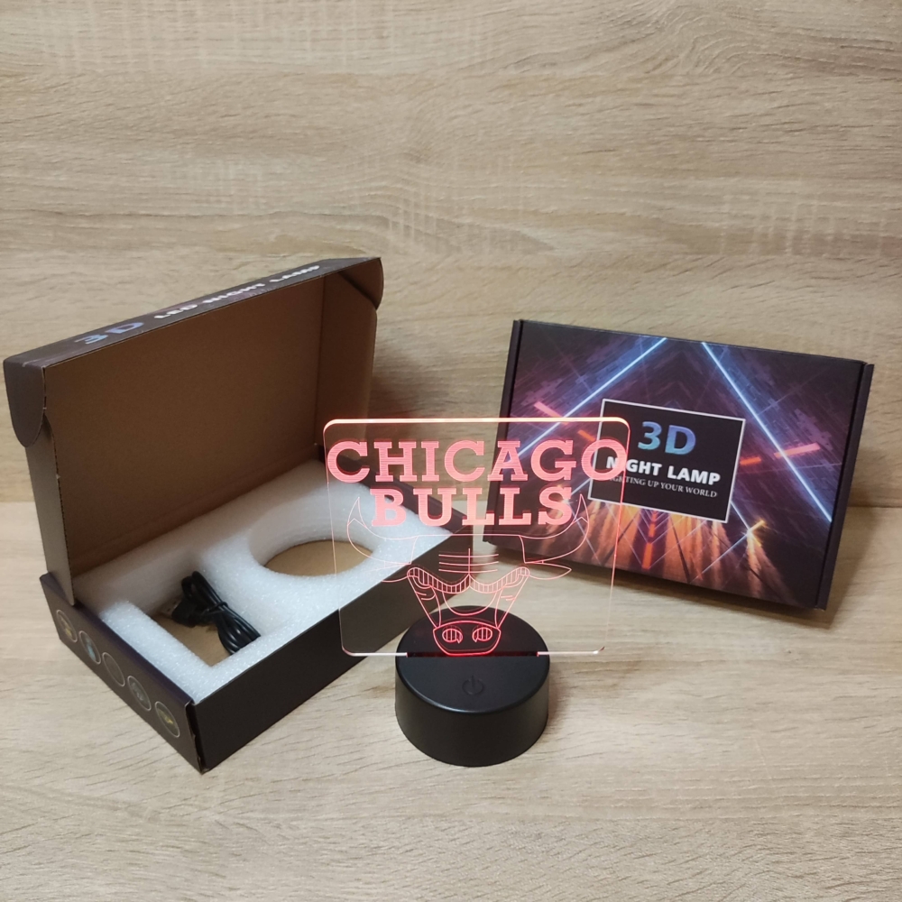Kép 2/7 - Chicago BULLS 3D LED lámpa (7 színű, fekete talp)
